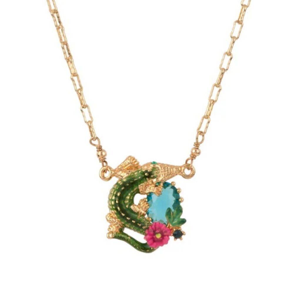 LES NEREIDES Jungle Tropicale Small Crocodile, Pink Flower & Turquoise Stone Nec